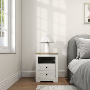 English Elm Farmhouse Rustic Nightstand with 2 Drawers and Open Shelf, Sturdy Wood-End Table for Bedroom Charm White+Oak 22.44 L x 20.79 W x 6.89 H W3151P264505