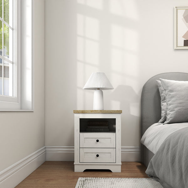 English Elm Farmhouse Rustic Nightstand with 2 Drawers and Open Shelf, Sturdy Wood-End Table for Bedroom Charm White+Oak 22.44 L x 20.79 W x 6.89 H W3151P264505