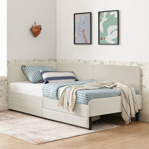 English Elm Twin Velvet Upholstered Platform Bed with 2 Underbed Storage Drawers, Convertible Sofa, Beige Twin W1413P298909