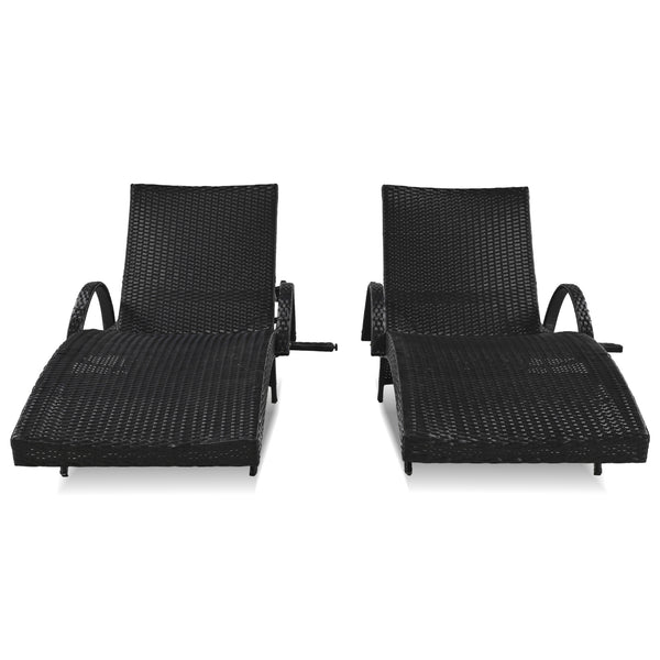 English Elm K&K 80" Outdoor Wicker Chaise Lounge Set of 2 with 2000H UV Wicker, Pull-Out Side Table, 4-Position Recliner Black WF321204AAB