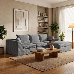 English Elm Modular Cloud Sectional Corduroy Sofa with Reversible Chaise and Memory Foam Comfort Grey W5638S00006