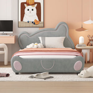 English Elm Full Velvet Bear-Shaped Platform Bed Full Size with Storage Pocket, Cute Cuddly Headboard, Gray Plush Finish SF000143AAE
