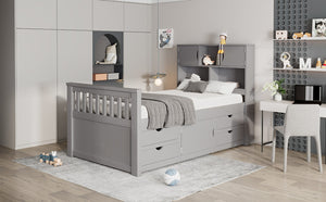 English Elm Twin Captain Platform Bed with Bookcase Headboard Four Drawers Pine Mdf Frame Gray GX001828AAE-1