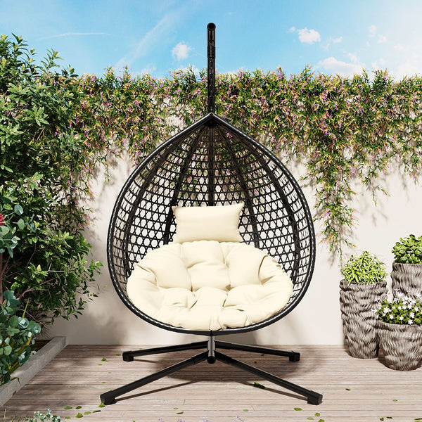 English Elm U_STYLE Sturdy Hammock Chair with HDPE Rattan Weave, Rust-Resistant Chain, Soft Removable Cushion Black+Beige N711P255131A