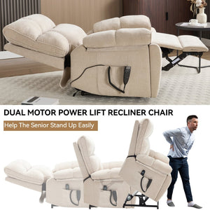 English Elm Beige Chenille Power Lift Recliner Dual Motor Massage Heat 350 Lb Capacity Beige W1803P264021