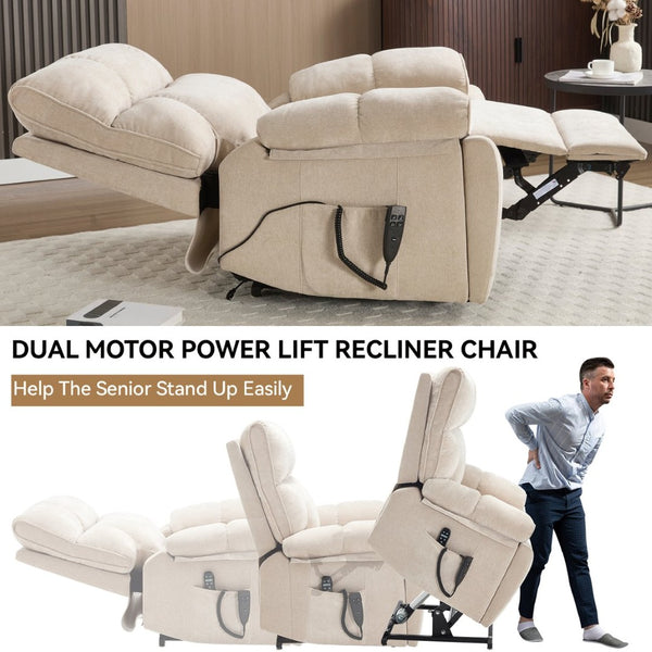 English Elm Beige Chenille Power Lift Recliner Dual Motor Massage Heat 350 Lb Capacity Beige W1803P264021