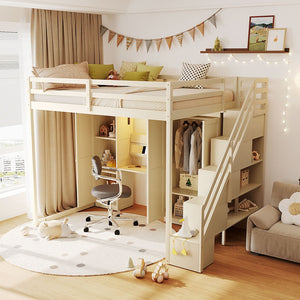 English Elm Full Size Loft Bed with Wardrobe Dressing Mirror Usb Ports and Teen Room Storage LT000276AAA