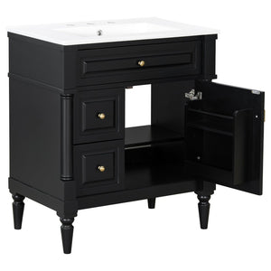 English Elm 30" Freestanding Bathroom Vanity Rubberwood Frame Ceramic Sink Flip Drawer Storage Black N725P356062B