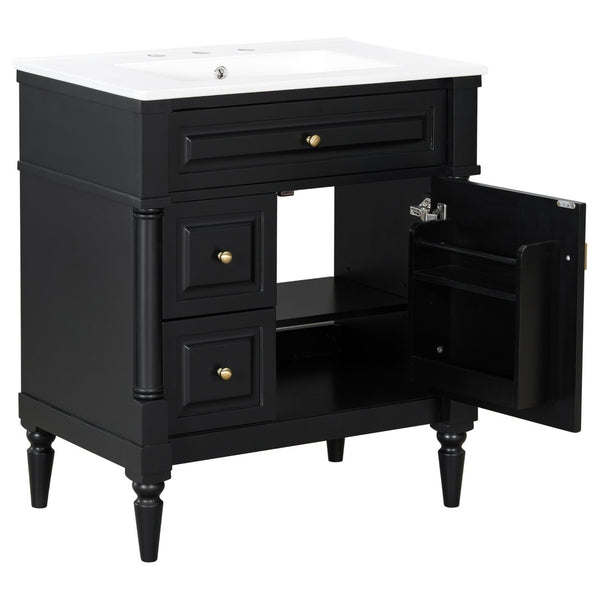 English Elm 30" Freestanding Bathroom Vanity Rubberwood Frame Ceramic Sink Flip Drawer Storage Black N725P356062B
