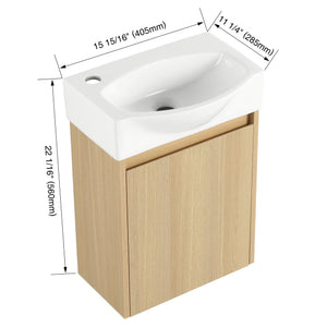 English Elm 16" Bathroom Vanity Sink Combo for Small Spaces — Compact Engineered Wood Cabinet with Ceramic Basin, Moisture-Resistant Finish and Hidden Handle, Easy Assembly Oak W1972P190339