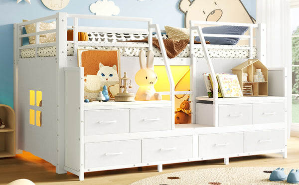 English Elm Twin Low Loft Bed with Shelves Fabric Drawers and Under Bed Study Nook Metal Frame Light White W5305S00042