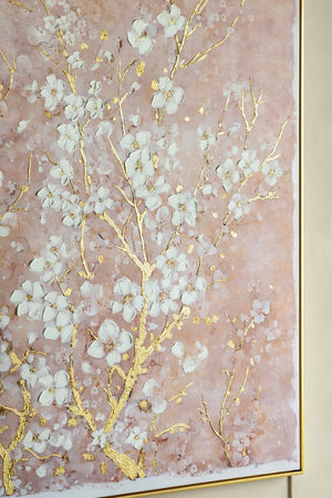 English Elm 59.1x47.2" Hand-Painted Cherry Blossom Canvas Art, Blush Pink & Gold Accents for Elegant Living Spaces W2078P318072