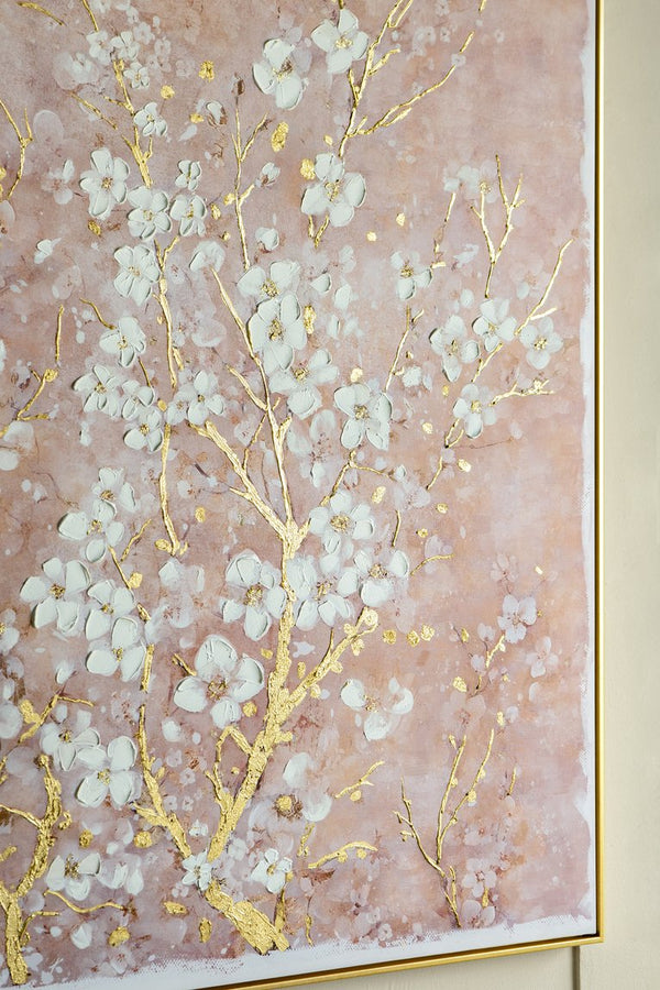 English Elm 59.1x47.2" Hand-Painted Cherry Blossom Canvas Art, Blush Pink & Gold Accents for Elegant Living Spaces W2078P318072
