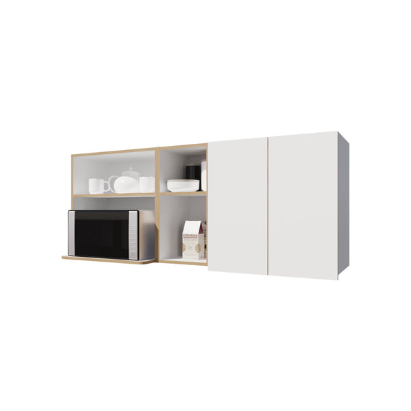 English Elm Wall-Mounted Kitchen Cabinet with Microwave Nook, Open Shelves & Double-Door Storage in Oak/White – Space-Saving Design B128P287520