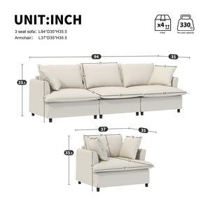 English Elm [New+Video] Modular Chenille Sofa Set with 3-Seater, Armchair & Ottoman—Skirted Design, Petal Arms, Removable Cushions, Plush Comfort and Durable Frame Beige N723S6059A