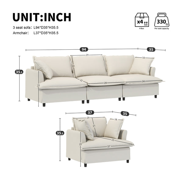 English Elm [New+Video] Modular Chenille Sofa Set with 3-Seater, Armchair & Ottoman—Skirted Design, Petal Arms, Removable Cushions, Plush Comfort and Durable Frame Beige N723S6059A