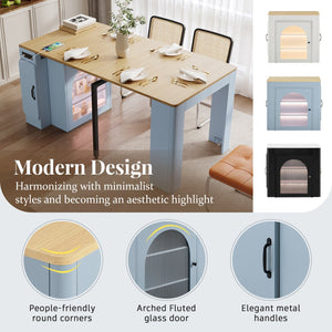 English Elm TREXM Extendable Dining Table with LED Light Strip, Built-In USB/Type-C Outlet, Rolling Space-Saver Cabinet Grey-Blue,Natural XW000024AAE