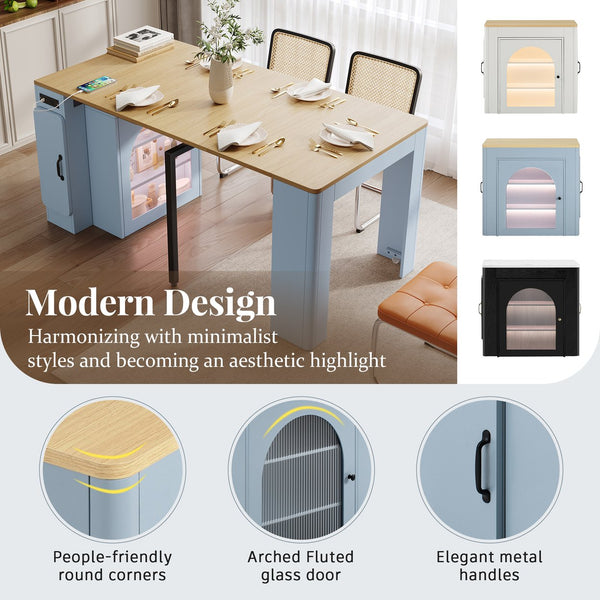 English Elm TREXM Extendable Dining Table with LED Light Strip, Built-In USB/Type-C Outlet, Rolling Space-Saver Cabinet Grey-Blue,Natural XW000024AAE