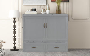 English Elm Full Size Murphy Wall Bed with Storage Drawer Usb Ports and Metal Handles for Small Spaces LP000669AAE