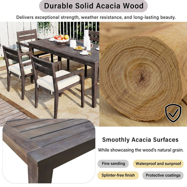 English Elm U_style Solid Acacia Wood Patio Dining Set Six Stackable Chairs Cushions Modern Outdoor Gray WY000459AAE