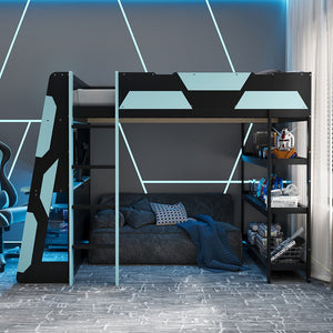 English Elm Full Size Gaming Loft Bed with Led Lighting Desk Shelves and Usb Charging Ports Black+Blue N820S00076C