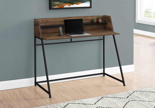 English Elm Computer Desk - Stylish Home Office Workstation With Storage Hutch, Brown Laminate & Black Metal Base B2710P219834