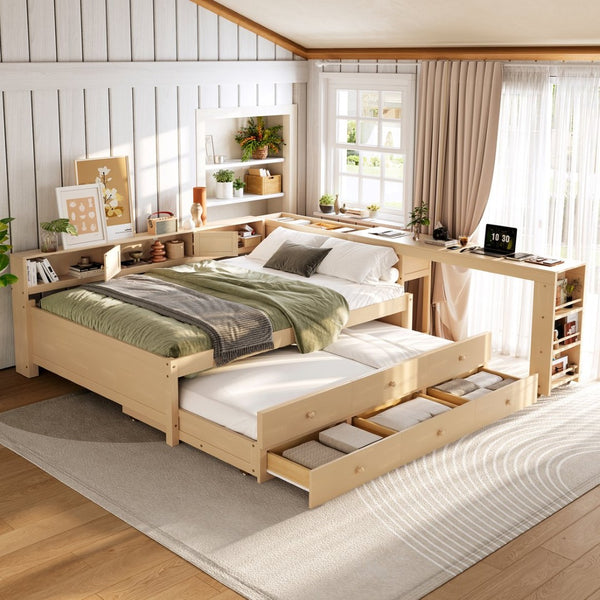 English Elm Twin Daybed Pine Frame with Trundle Desk Hutch Shelves and Storage for Kids Rooms Gold W1580S00463