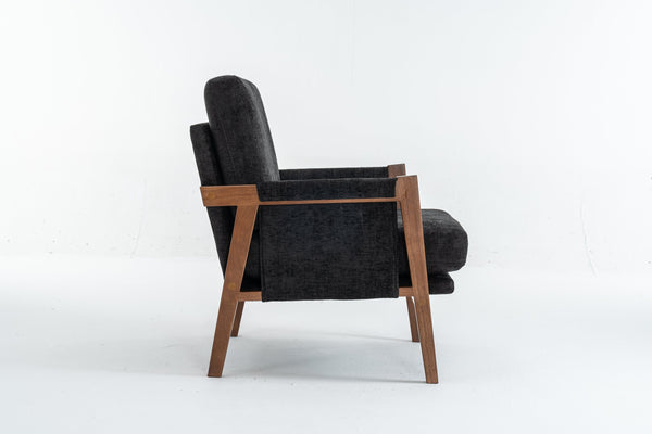 English Elm Mid-Century Solid Wood Accent Chair with Chenille Upholstery, Ergonomic Waist Support, Sturdy 300lb Capacity Black T3903P372382
