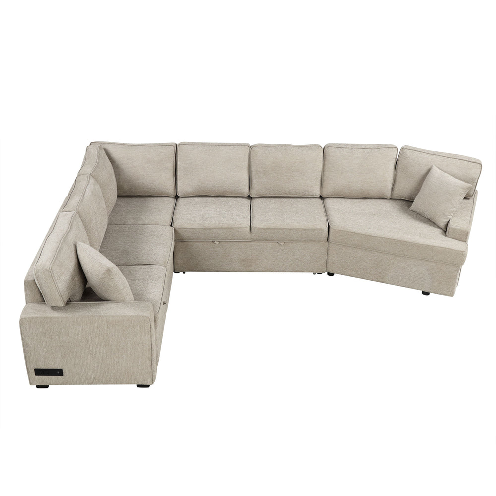 English Elm 126" L-shaped Sectional Sofa with Pull-Out Bed, Built-In USB Charging & Cup Holders, Chenille Upholstery Beige N719S001530A
