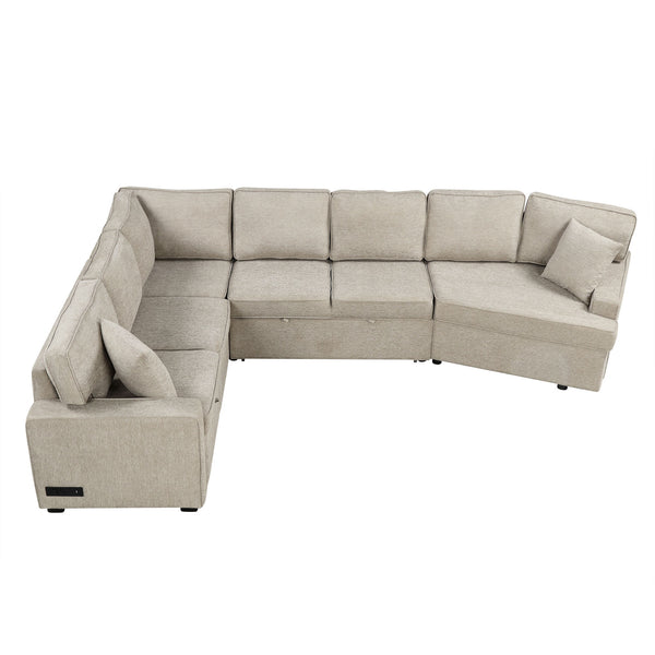 English Elm 126" L-shaped Sectional Sofa with Pull-Out Bed, Built-In USB Charging & Cup Holders, Chenille Upholstery Beige N719S001530A