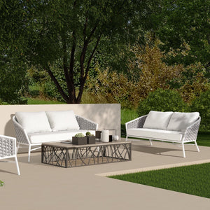 English Elm Jennifer Taylor Home - Rowan 63.5" Rope Barrel Back Loveseat Sofa - Optic White Acrylic, Weatherproof, Removable Cushions, Aluminum Frame B2719P245981