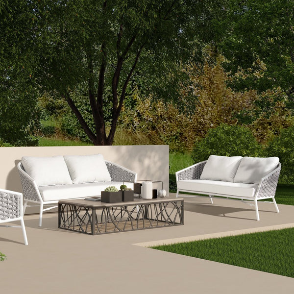 English Elm Jennifer Taylor Home - Rowan 63.5" Rope Barrel Back Loveseat Sofa - Optic White Acrylic, Weatherproof, Removable Cushions, Aluminum Frame B2719P245981