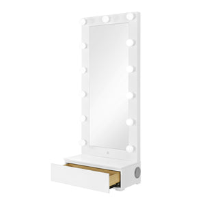 English Elm ELISA Glam LED Vanity Table with Glass Top, Built-In Speakers, Storage Stool and Mirror Lighting White 33.15 L x 17.8 W x 12.05 H B201S00354