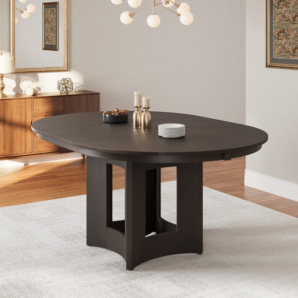 English Elm Topmax Farmhouse Round Pedestal Dining Table Extendable Leaf Rubberwood Compact Space Espresso N717P336673P