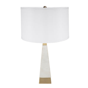 English Elm D15x26" White Marble Pyramid Table Lamp with Gold Trim and Drum Shade — Minimalist Bedside Accent (26H) W2078P395817