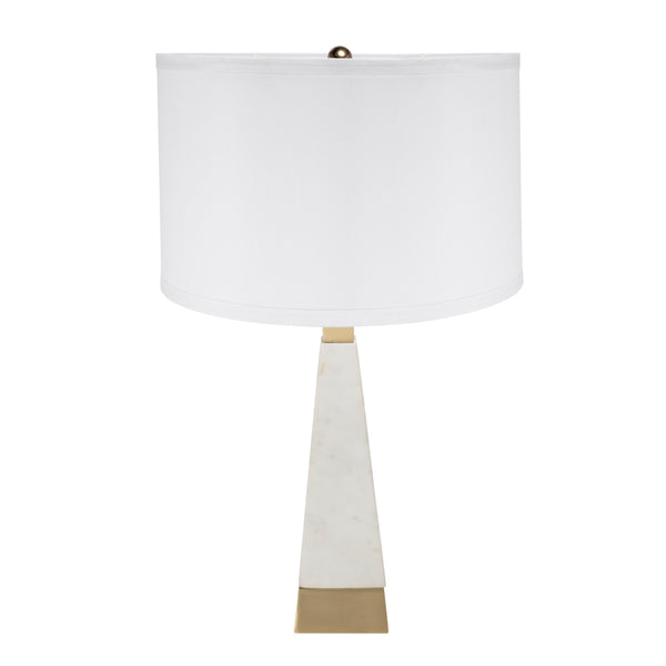English Elm D15x26" White Marble Pyramid Table Lamp with Gold Trim and Drum Shade — Minimalist Bedside Accent (26H) W2078P395817