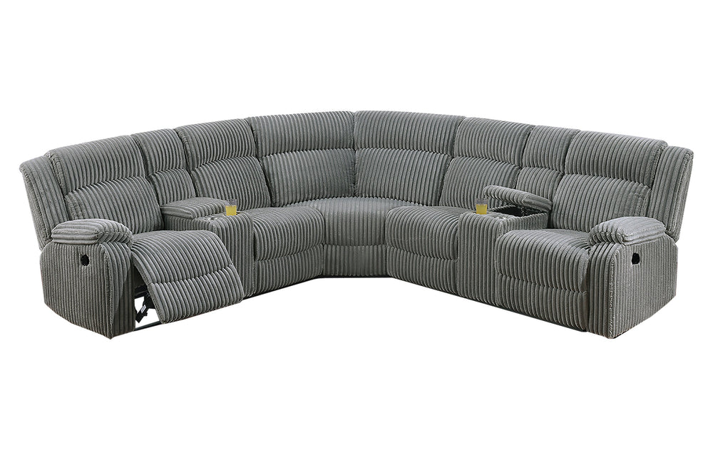 English Elm Power Motion Fur-Like Corduroy Smoke Sectional with Dual Console Cup Holders USB Recliners Comfort B089S00172