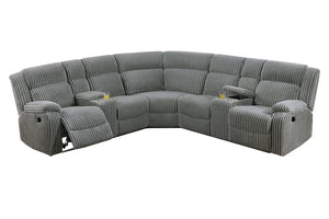 English Elm Power Motion Fur-Like Corduroy Smoke Sectional with Dual Console Cup Holders USB Recliners Comfort B089S00172
