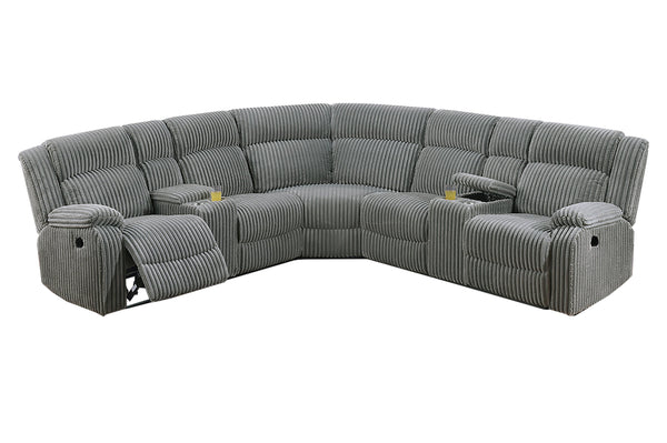 English Elm Power Motion Fur-Like Corduroy Smoke Sectional with Dual Console Cup Holders USB Recliners Comfort B089S00172