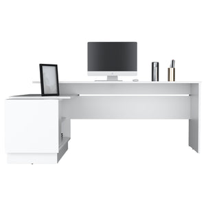 English Elm L-Shaped Desk with Right Return — Spacious 59" Work Surface, Cabinet + Shelves for Office Storage White 44.88 L x 26.77 W x 6.3 H B097S00182