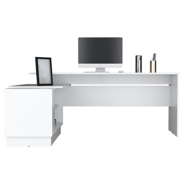 English Elm L-Shaped Desk with Right Return — Spacious 59" Work Surface, Cabinet + Shelves for Office Storage White 44.88 L x 26.77 W x 6.3 H B097S00182