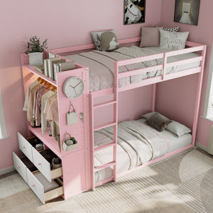 English Elm Twin Bunk Bed with Storage Drawers Hanging Rail Led Shelves and Pegboard Organizer Pink LT000282AAH