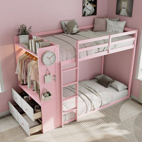English Elm Twin Bunk Bed with Storage Drawers Hanging Rail Led Shelves and Pegboard Organizer Pink LT000282AAH