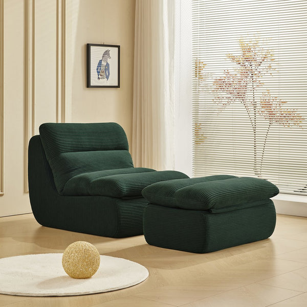 English Elm Modern Compressed Lounge Chair with Ottoman Corduroy Recliner Small Space Sofa High-Density Foam Comfort Green W1036P251819