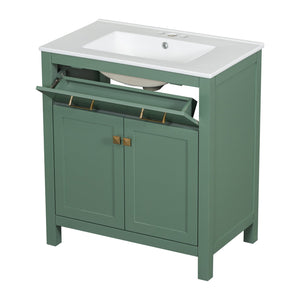 English Elm 30-inch Modern Bathroom Vanity with Ceramic Sink, Gold Accents, Solid Wood Frame, Soft-Close Doors and Ample Storage Green WF324045AAF