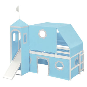 English Elm Twin Castle Loft Bed with Slide Tent Tower and Play Space for Kids Rooms Blue N708P249511C
