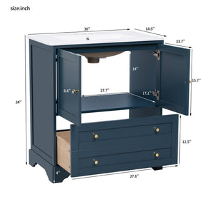English Elm 30'' Modern Navy Blue Bathroom Vanity With Ceramic Sink, Soft-Close Doors & Gold Handles For Style N710P228365C
