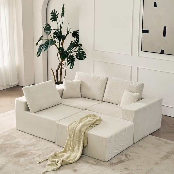 English Elm 110" Cloud Modular Sectional Sofa Boneless Corduroy 3-Seater with Ottoman & 2 Pillows, No Assembly, Luxurious Comfort Beige W2656S00011