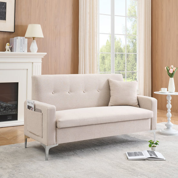 English Elm 57-inch Velvet Double Sofa with Built-In Storage, Solid Wood Frame, Silver Legs, 350lb Capacity and Modern Compact Design Beige W3356P346854
