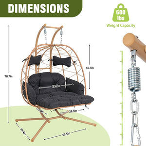 English Elm 2 Person Wicker Hanging Egg Chair with Stand Padded Swing for Patio or Garden T5880P500214